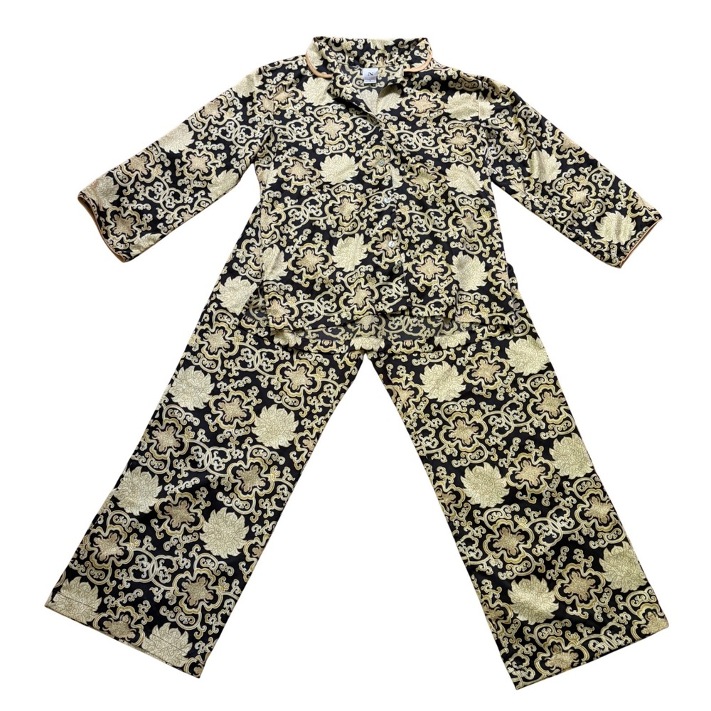 Natori Womens Pajama Set Small Black Gold Damask Scroll Satin 2pc Loungewear